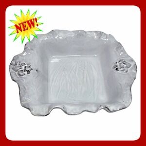 Abigails Italy Fleur De Lis Ceramic Square Bowl White Ruffle Edge Serving Dish